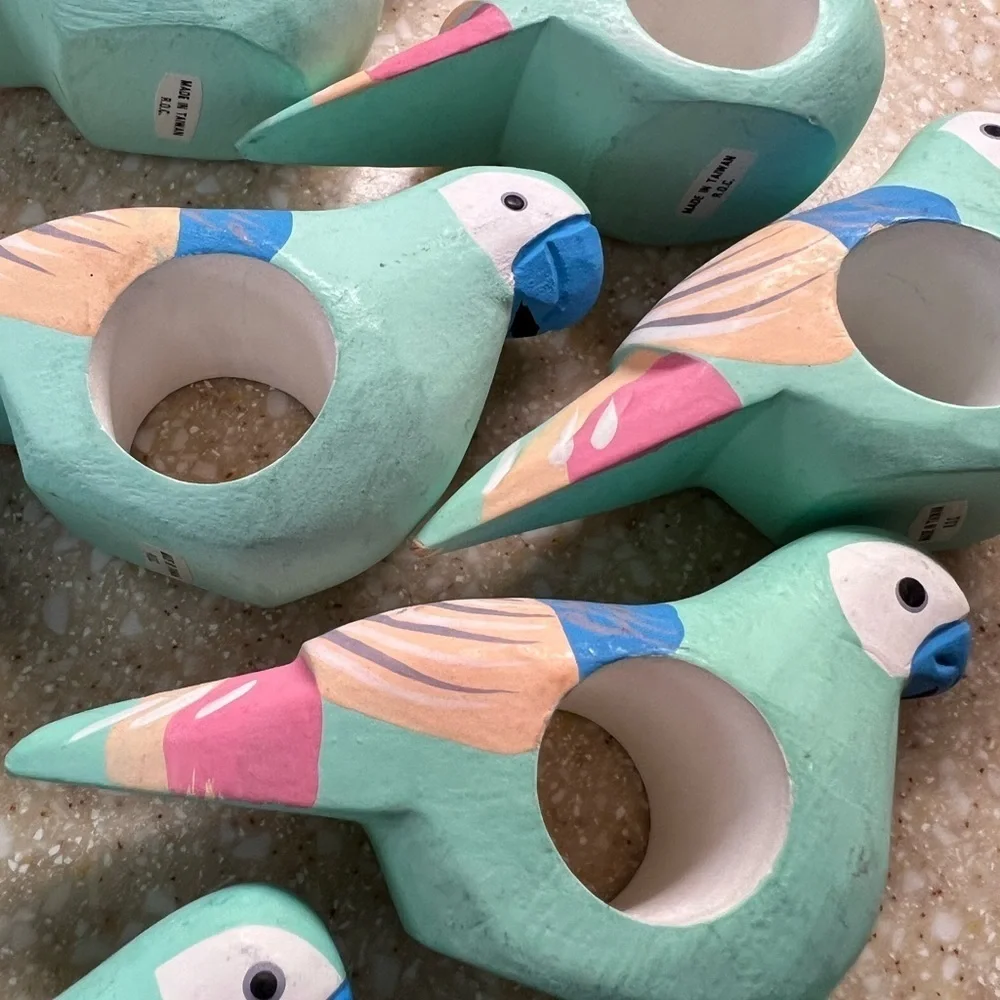 10 Parrot Napkin Ring Holders Wooden Teal, Pink and Blue Tropical